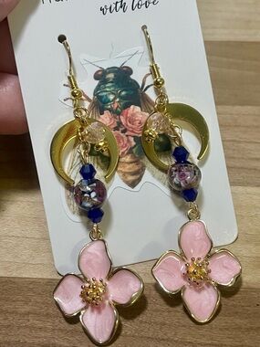 Handmade Pink Dogwood Dangle Earrings with Gold Crescent Moons